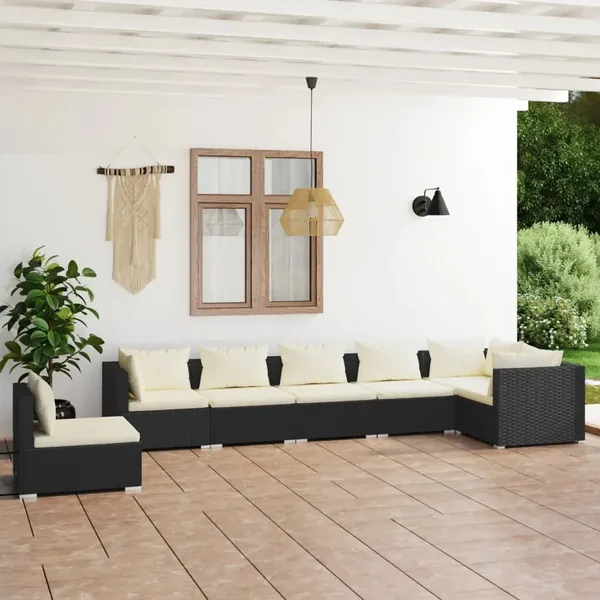 Salon de jardin 7 pcs avec coussins Résine tressée Noir