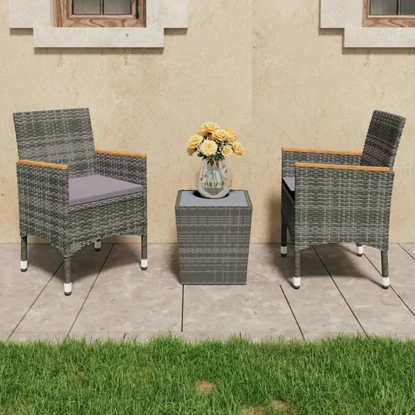 Ensemble de bistro 3 pcs Résine tressée et verre trempé Gris