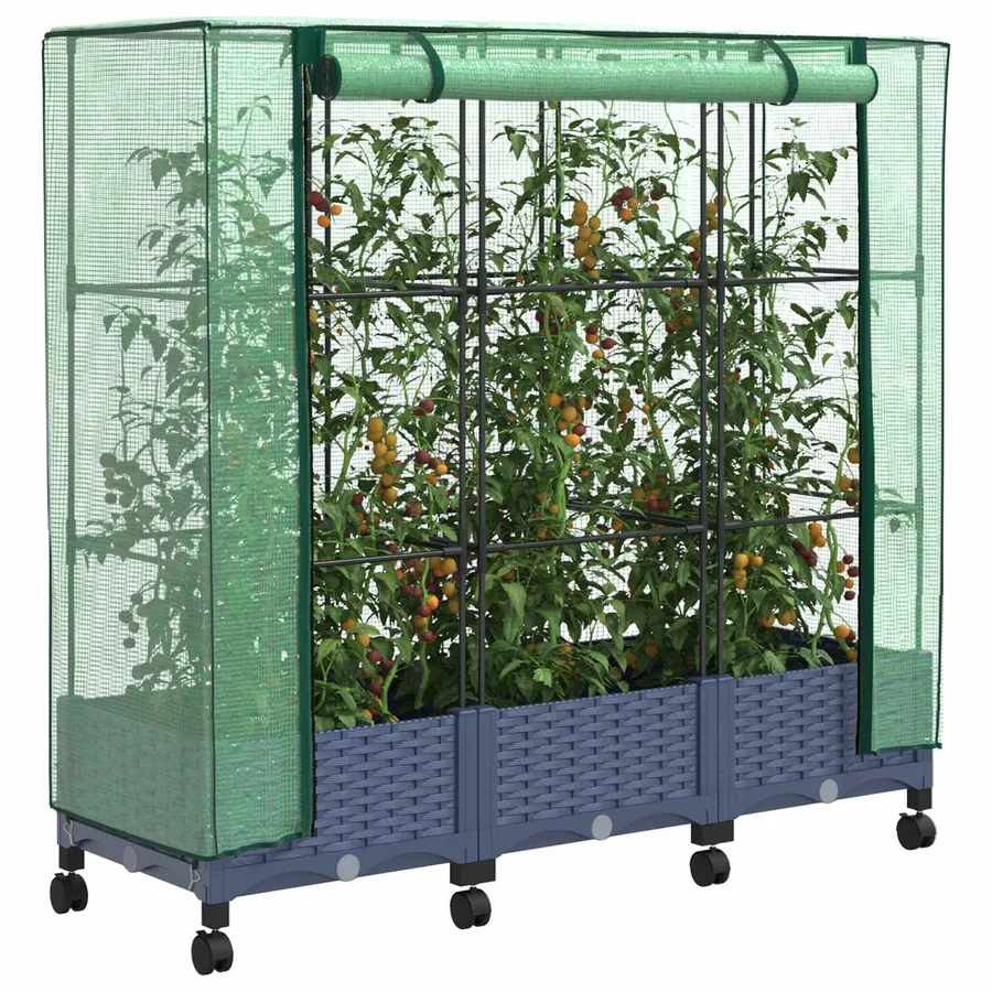 Jardinière de jardin avec couverture de serre et roues 3 pc PP - 3