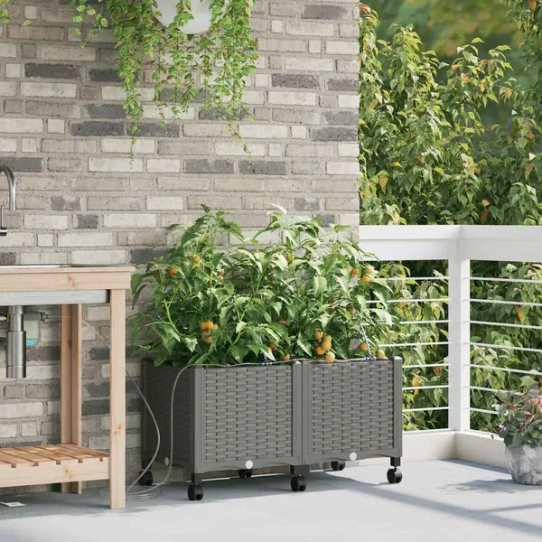 Porte-plante de jardin avec irrigation et roues 2 pc Gris clair