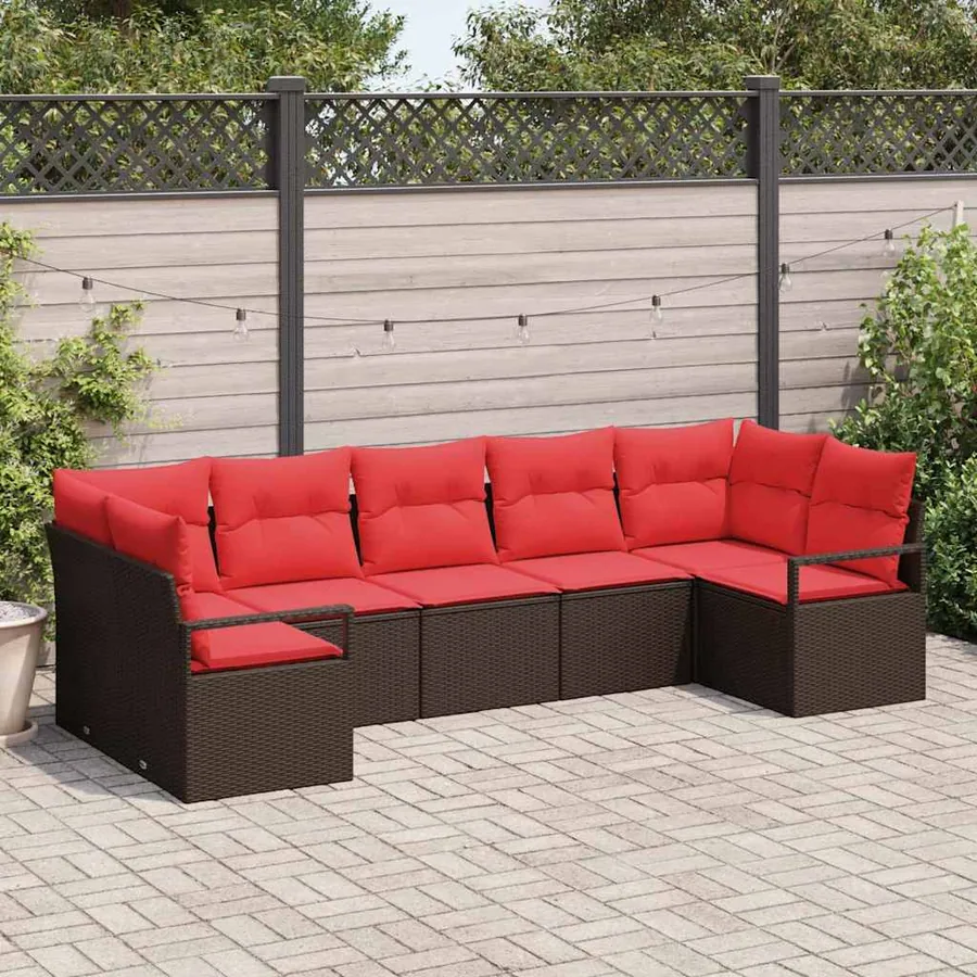 Ensemble de canapé de jardin 7 pcs Marron et rouge polyrotin