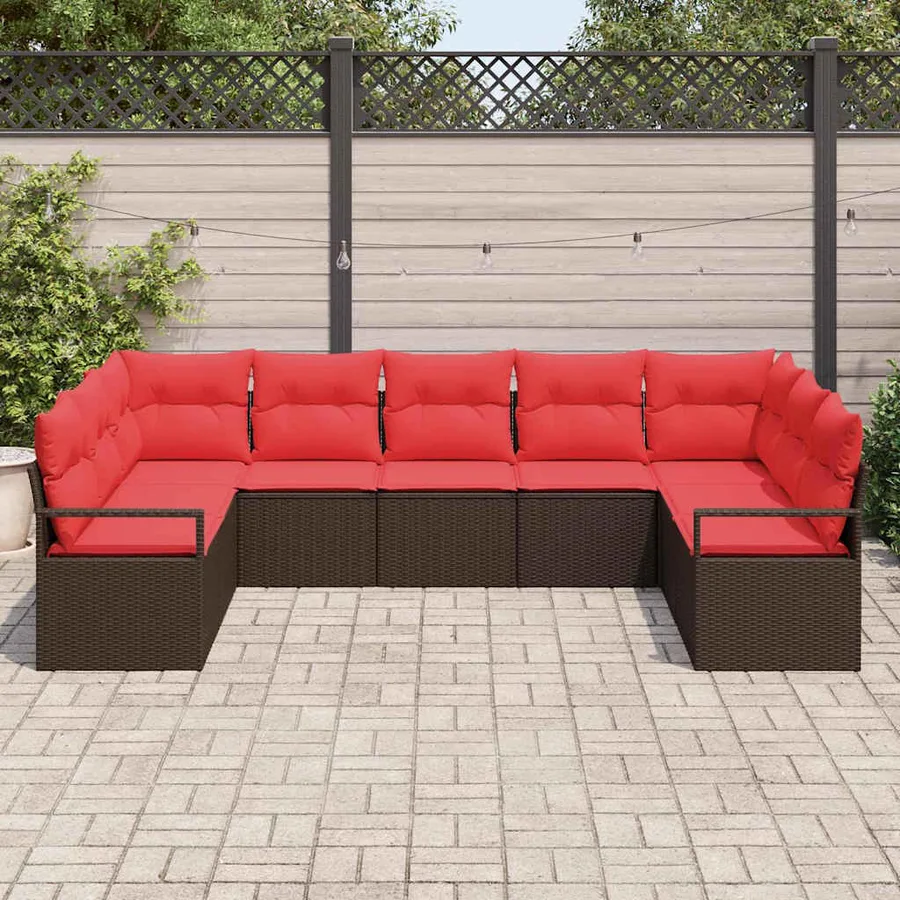 Ensemble de canapé de jardin 7 pcs Marron et rouge polyrotin - 3