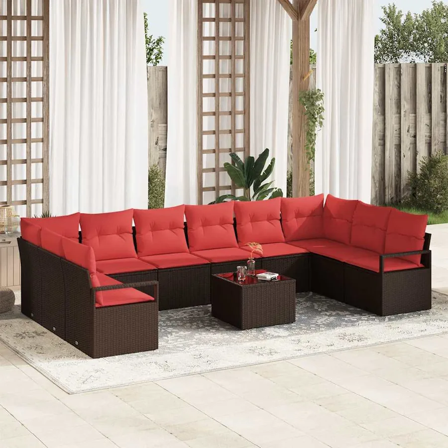 Ensemble de canapé de jardin 11 pcs Marron et rouge polyrotin
