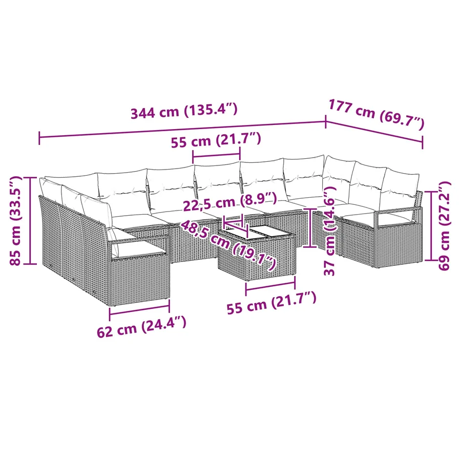 Ensemble de canapé de jardin 11 pcs Marron et rouge polyrotin - 13