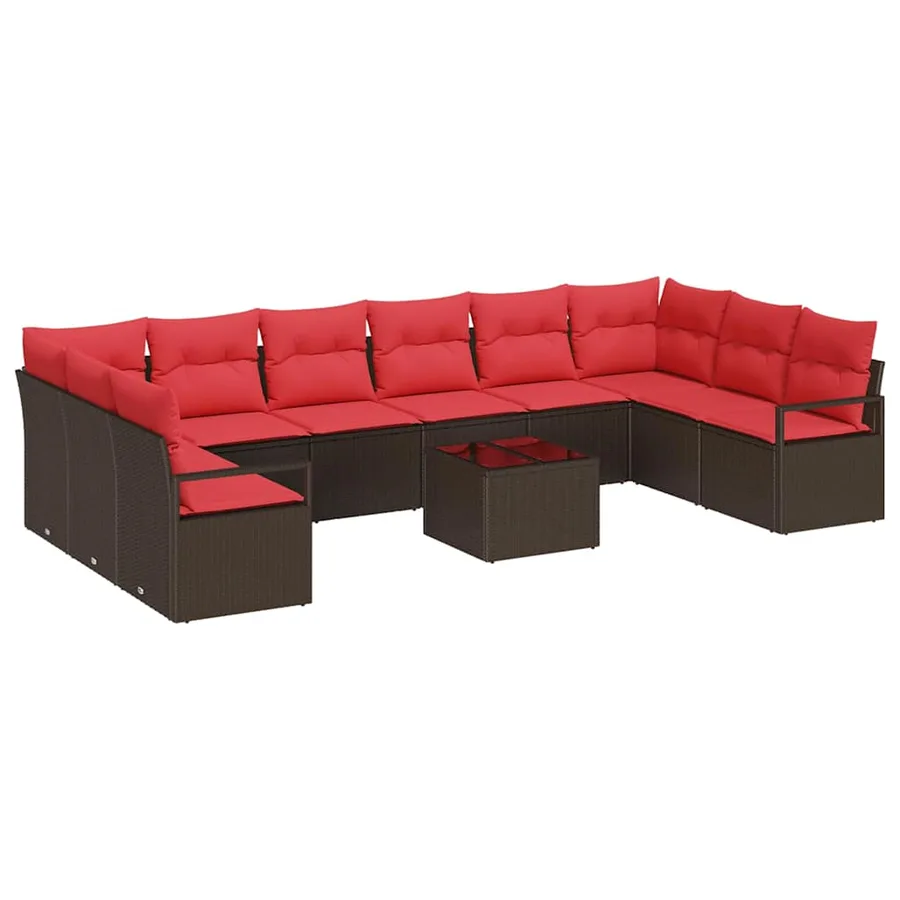 Ensemble de canapé de jardin 11 pcs Marron et rouge polyrotin - 2