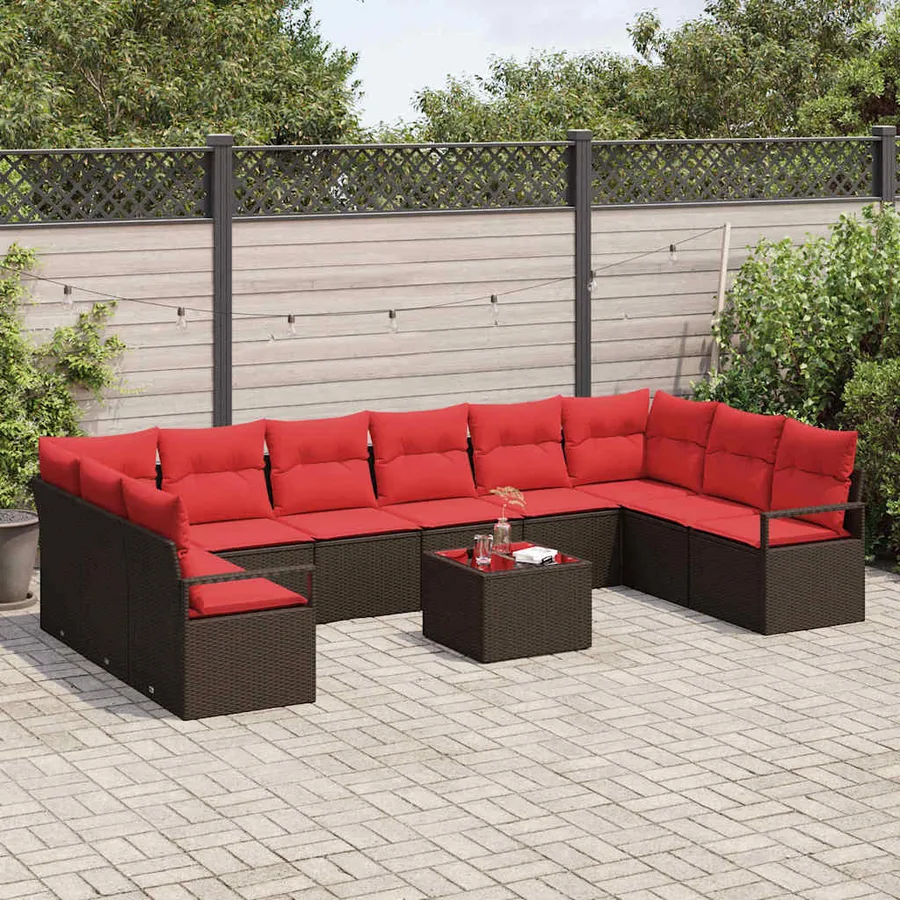 Ensemble de canapé de jardin 11 pcs Marron et rouge polyrotin - 3