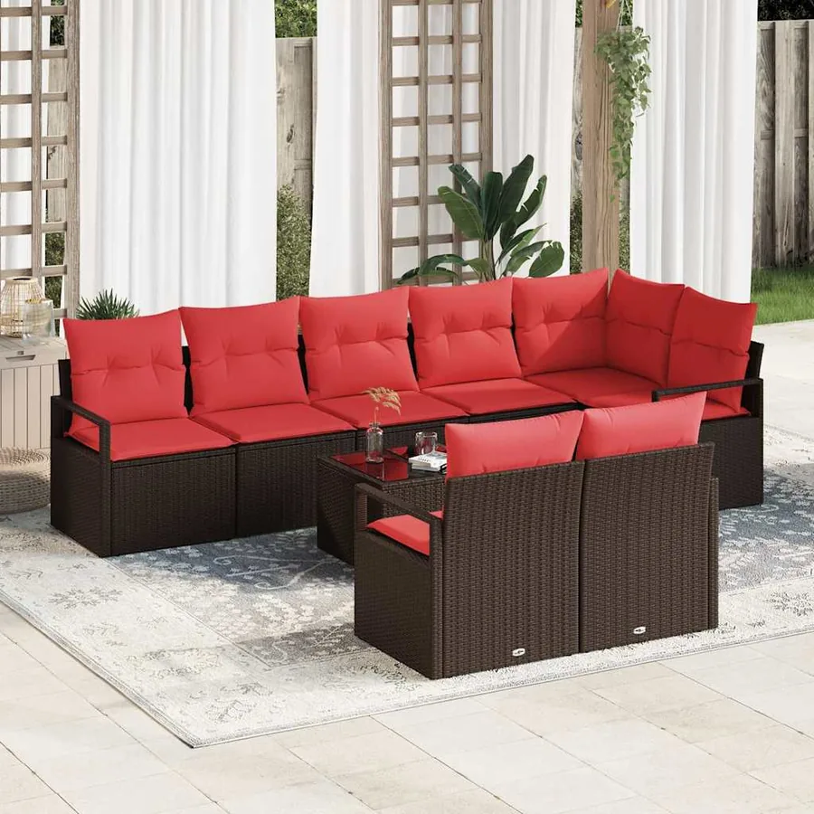 Ensemble de canapé de jardin 9 pcs Marron et rouge polyrotin