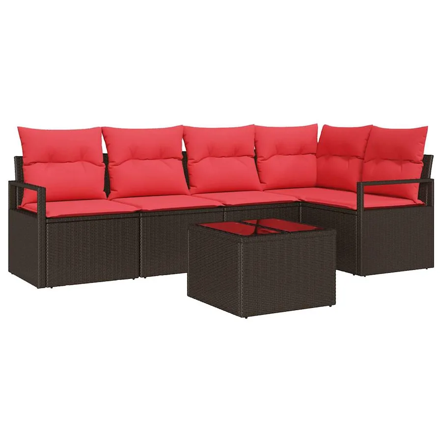 Ensemble de canapé de jardin 6 pcs Marron et rouge polyrotin - 2