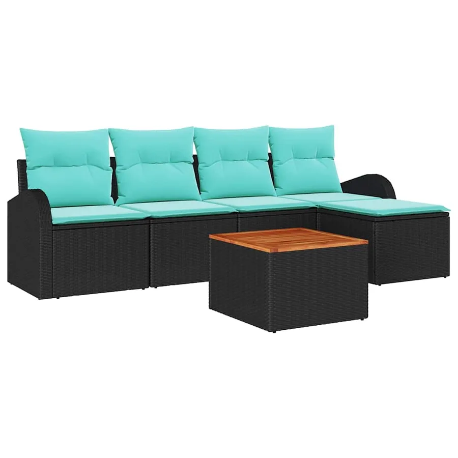 Ensemble de canapé de jardin 6 pcs Noir et turquoise polyrotin - 2
