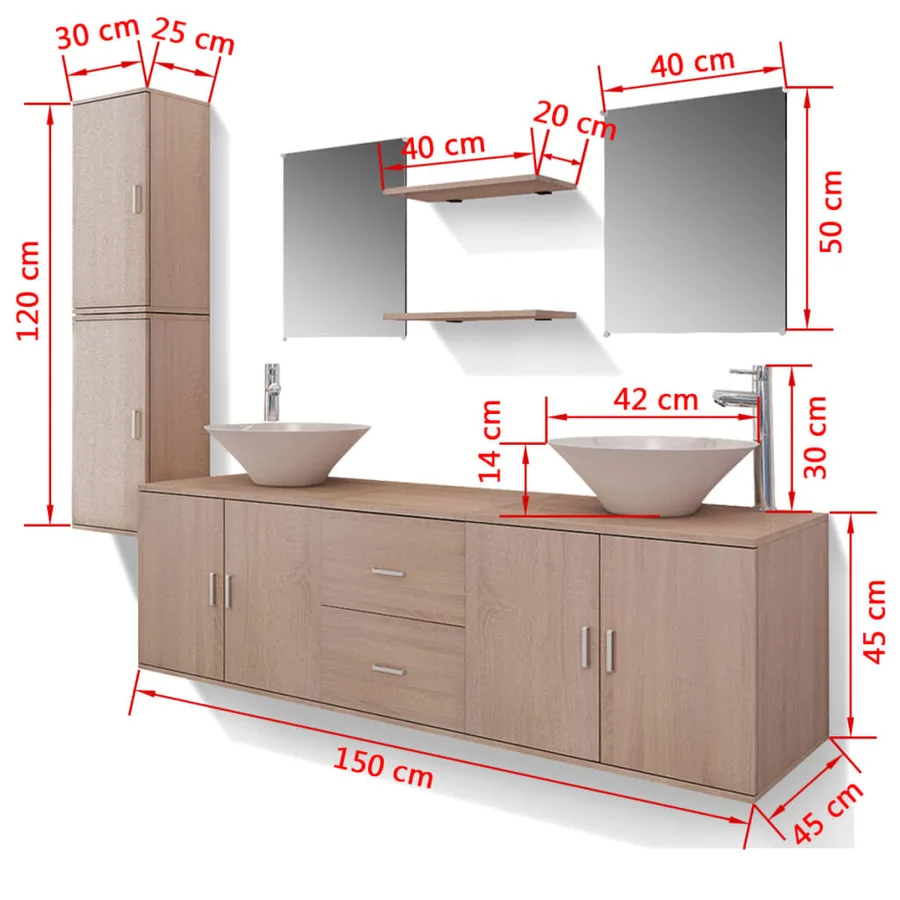 Meuble de salle de bain 11 pcs avec lavabo et robinet Beige - 12