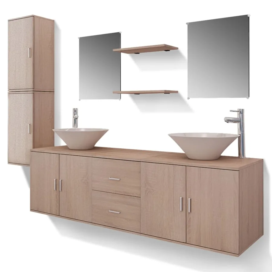 Meuble de salle de bain 11 pcs avec lavabo et robinet Beige - 2