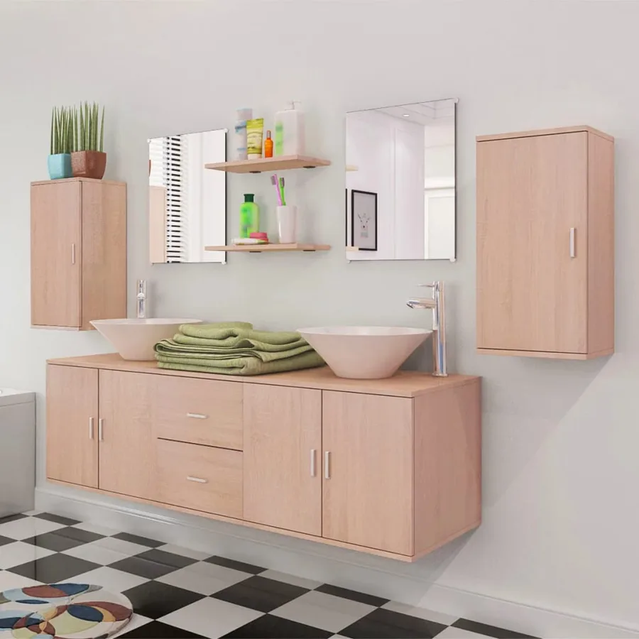 Meuble de salle de bain 11 pcs avec lavabo et robinet Beige - 3
