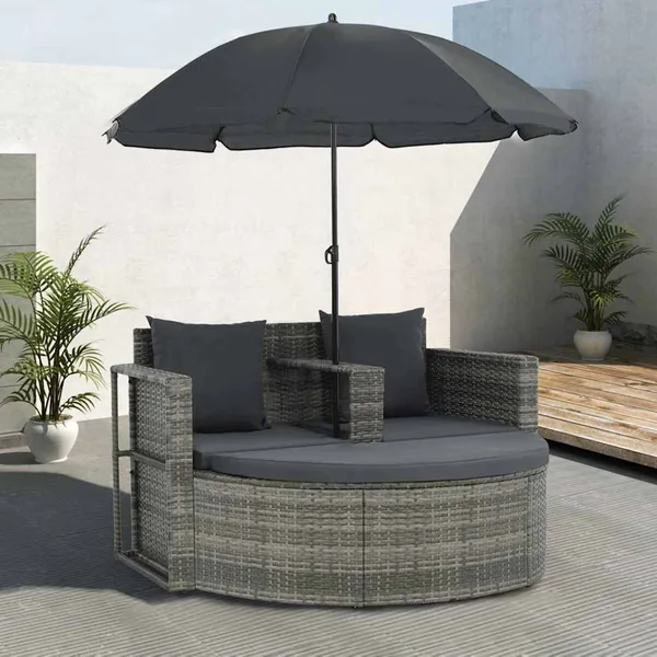 Canapé de jardin 2 places avec coussins et parasol Gris