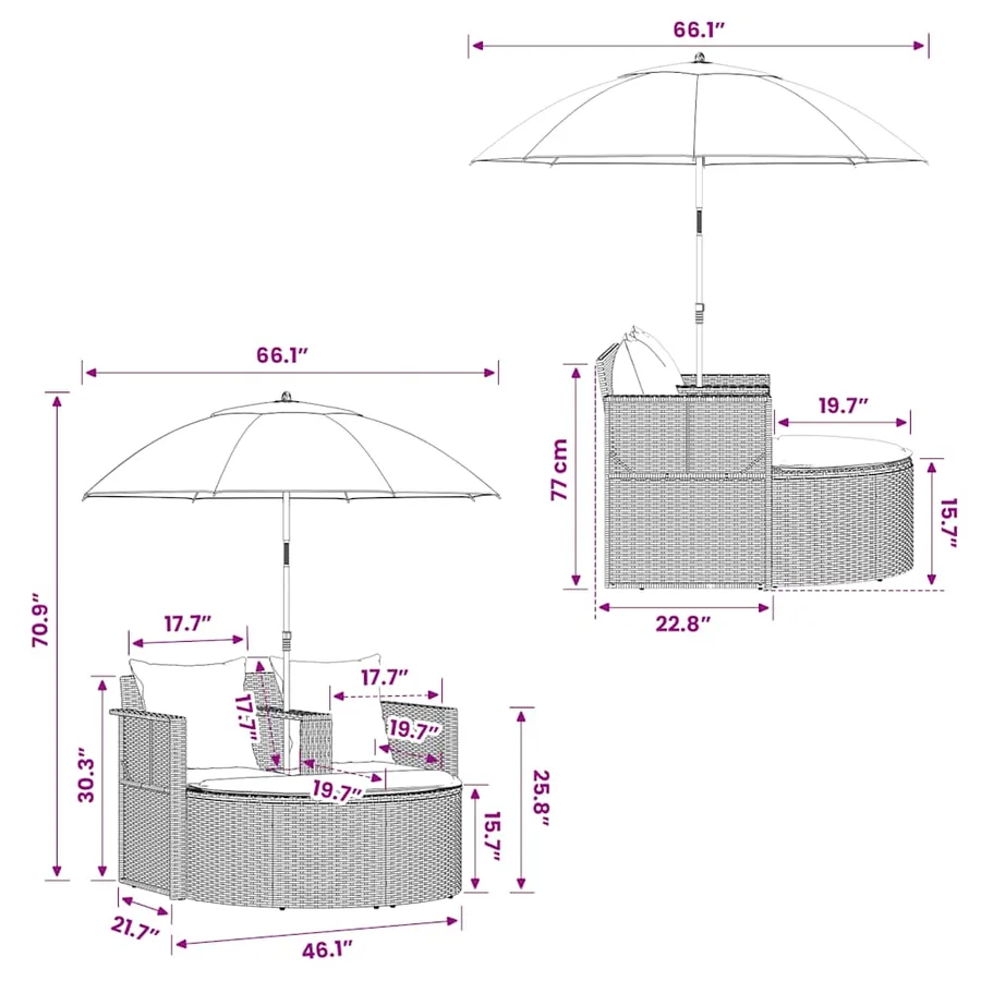 Canapé de jardin 2 places avec coussins et parasol Gris - 9
