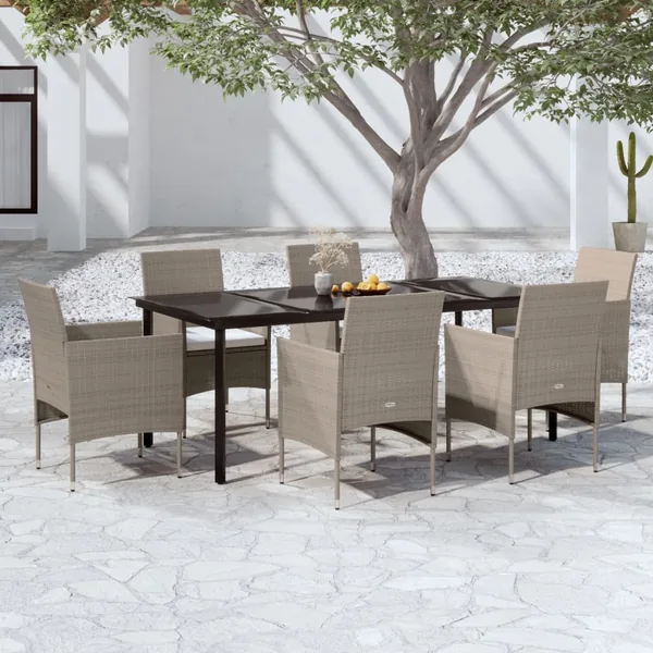 Ensemble à manger de jardin coussins 7 pcs Beige/noir