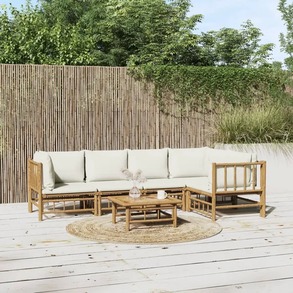 Salon de jardin 6 pcs avec coussins blanc crème bambou