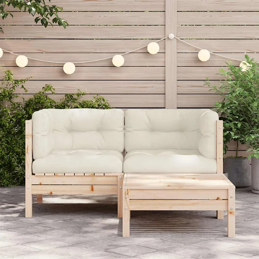 Salon de jardin 3 pcs avec coussins crème Bois de pin massif - 3