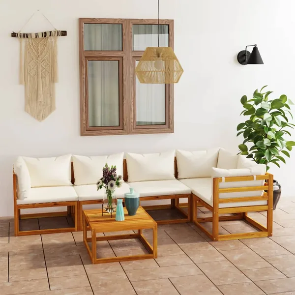 Salon de jardin 6 pcs avec coussin Crème Bois d'acacia solide