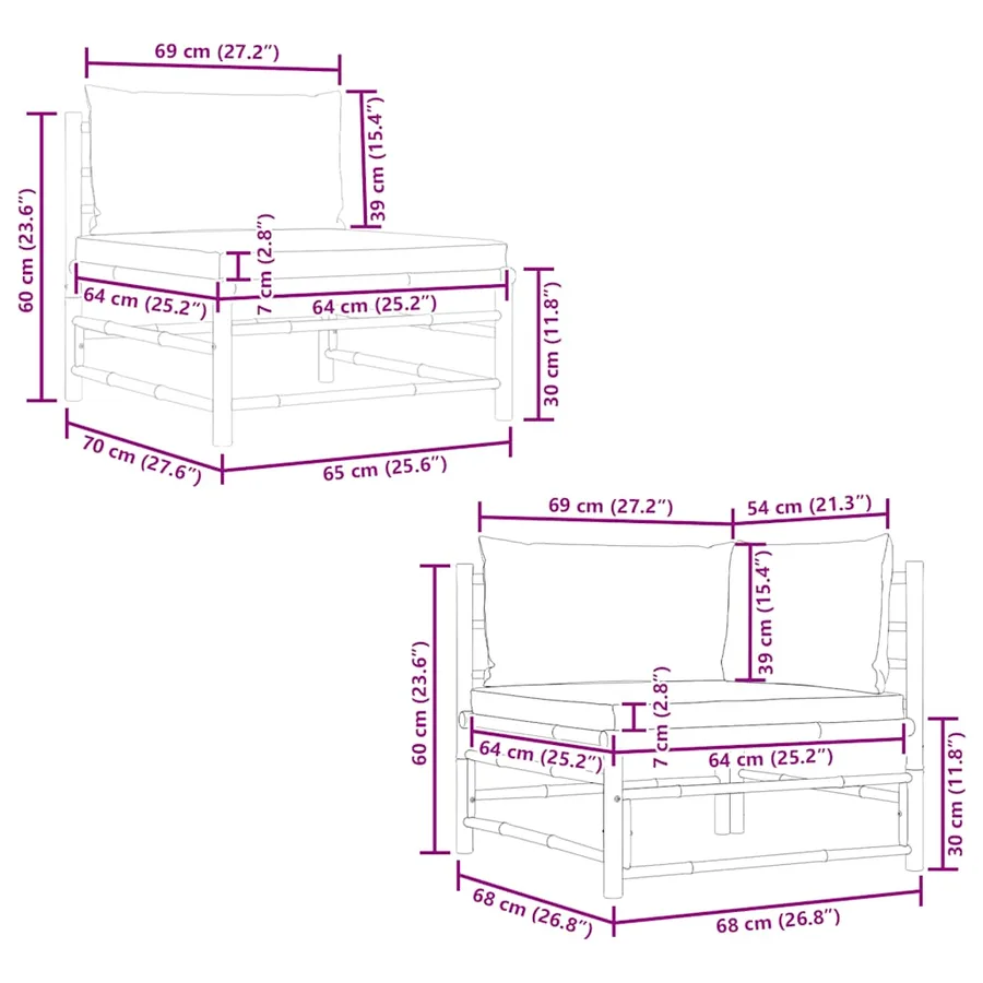 Salon de jardin 2 pcs avec coussins blanc crème Bambou - 9