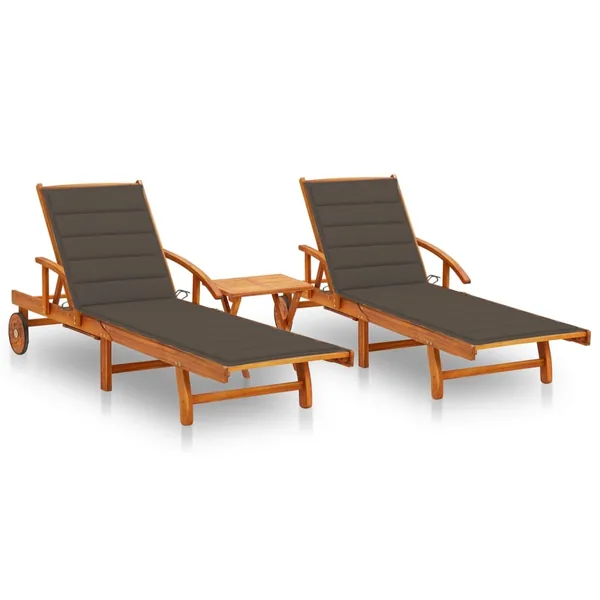 Chaises longues lot de 2 avec table et coussins Acacia solide