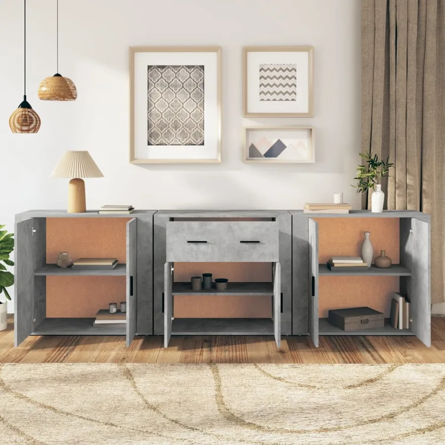 Buffets 3 pcs gris béton bois d'ingénierie - 3