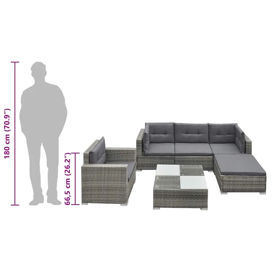 Salon de jardin 6 pcs avec coussins résine tressée gris - 11