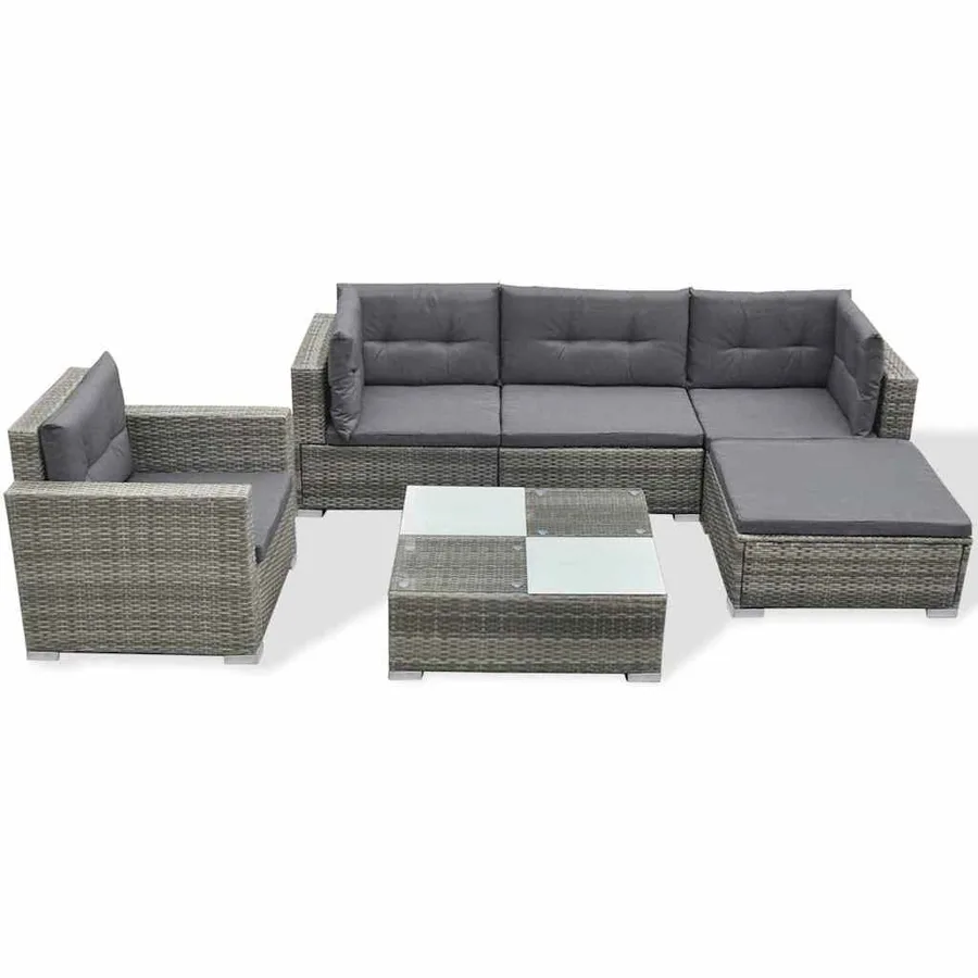 Salon de jardin 6 pcs avec coussins résine tressée gris - 2