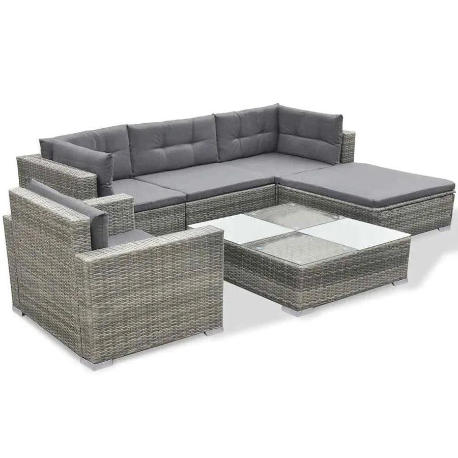 Salon de jardin 6 pcs avec coussins résine tressée gris - 3