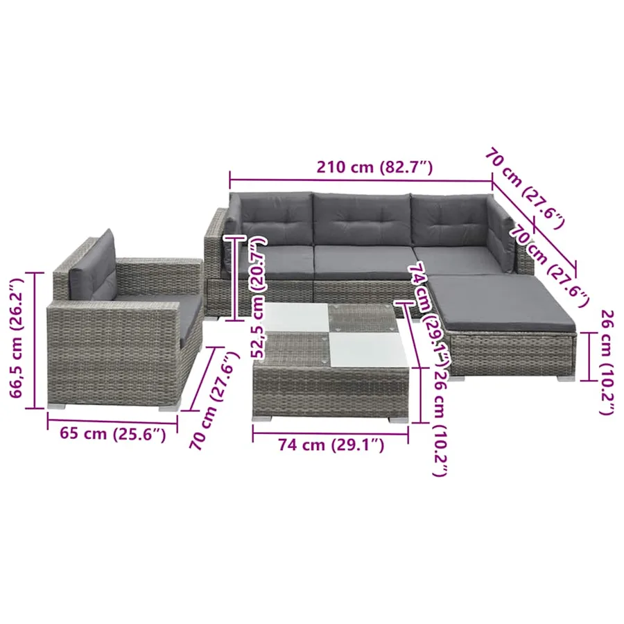 Salon de jardin 6 pcs avec coussins résine tressée gris - 8