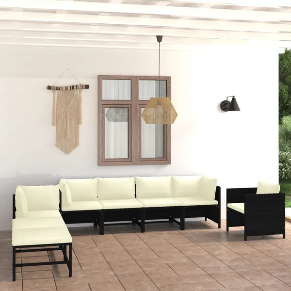 Salon de jardin 8 pcs avec coussins Résine tressée Noir