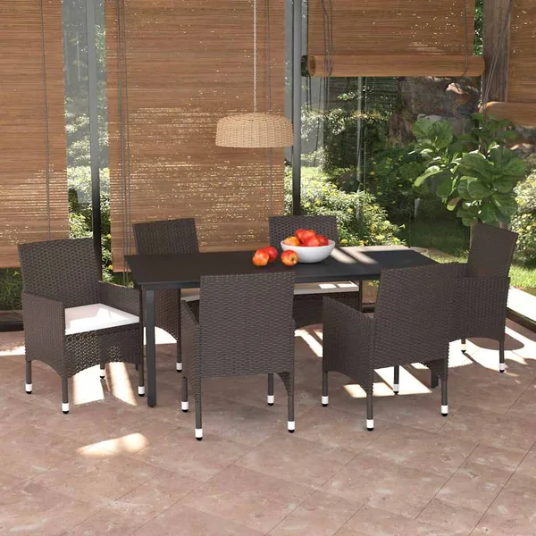 Ensemble à manger de jardin et coussins 7 pcs marron poly rotin