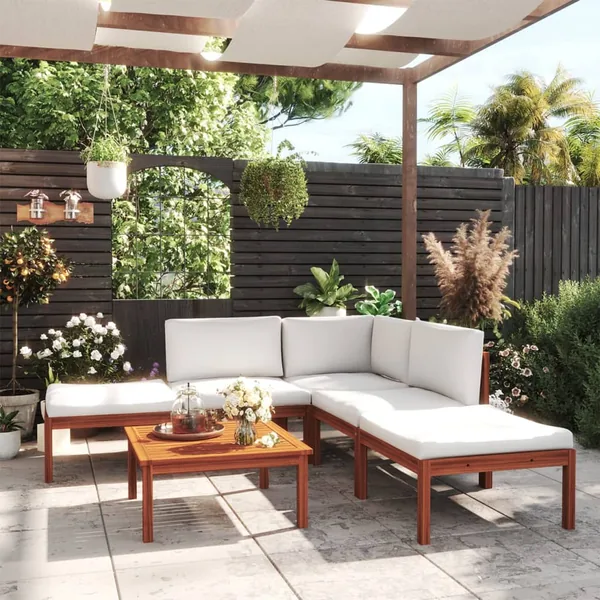 Salon de jardin 6 pièces avec coussins, bois d'acacia crème et corde