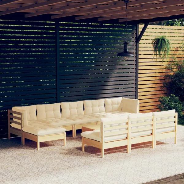 Salon de jardin 11 pcs avec coussins crème bois de pin