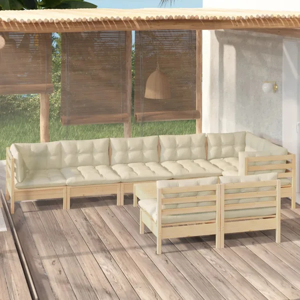 Salon de jardin 9 pcs avec coussins crème bois de pin massif