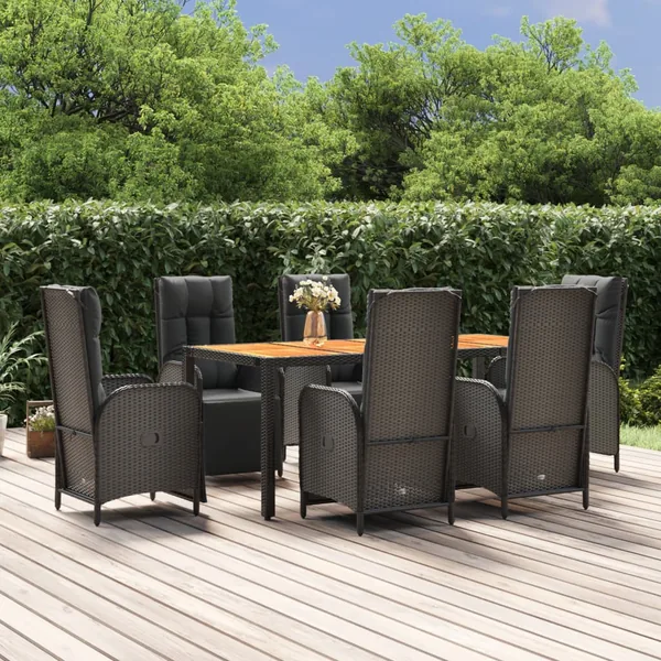 Ensemble à manger de jardin coussins 7pcs Noir Résine tressée