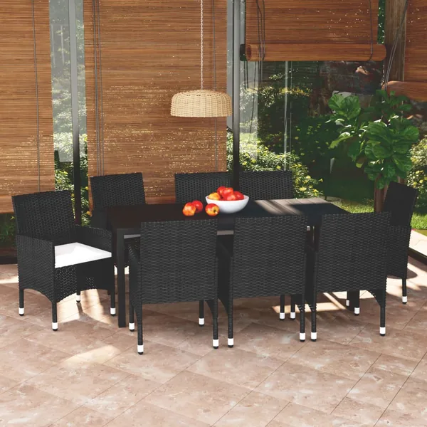 Ensemble à manger de jardin coussins 9pcs Résine tressée Noir
