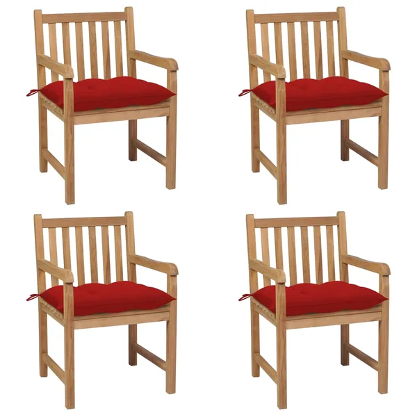 Chaises de jardin lot de 4 et coussins rouge bois teck solide