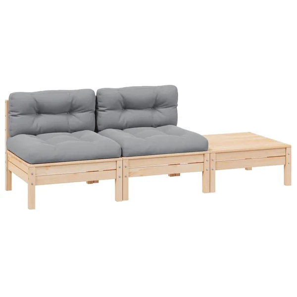 Salon de jardin 3 pcs avec coussins gris Bois de pin massif