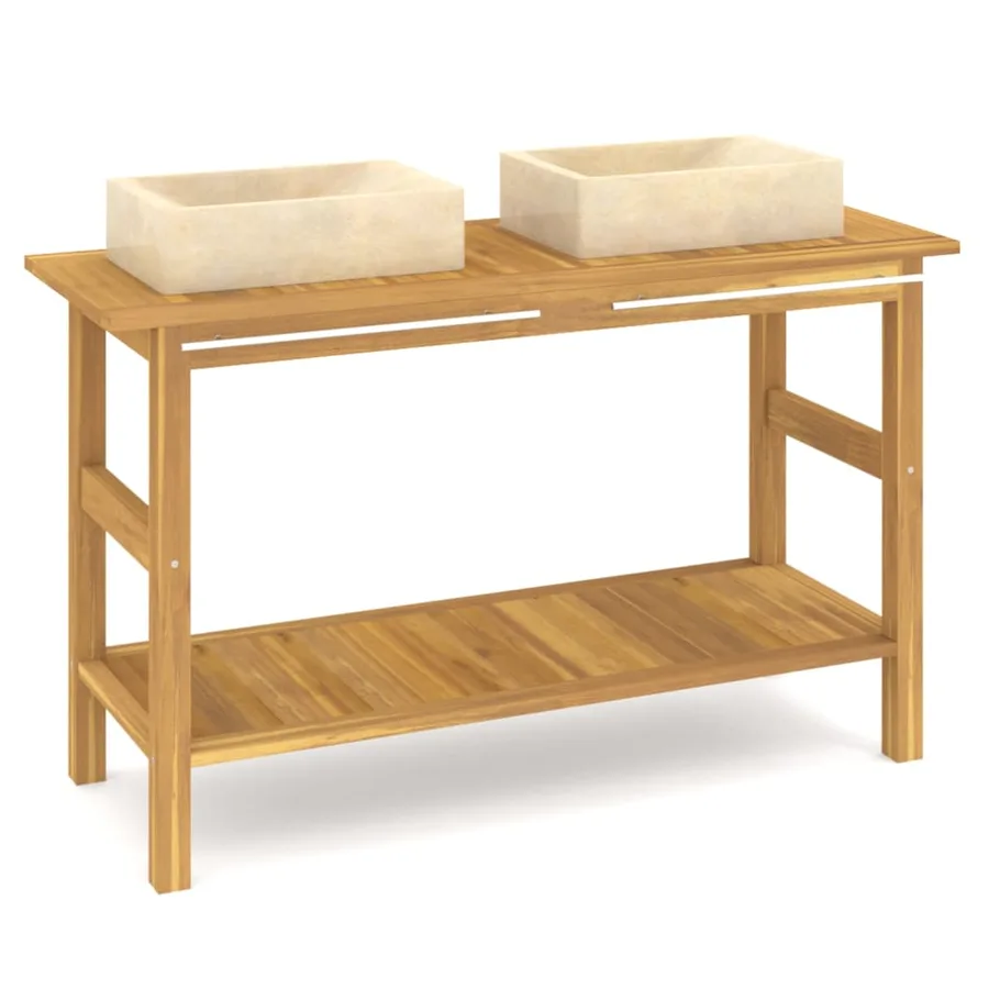 Armoire de salle de bain et lavabos en marbre crème Teck massif - 2