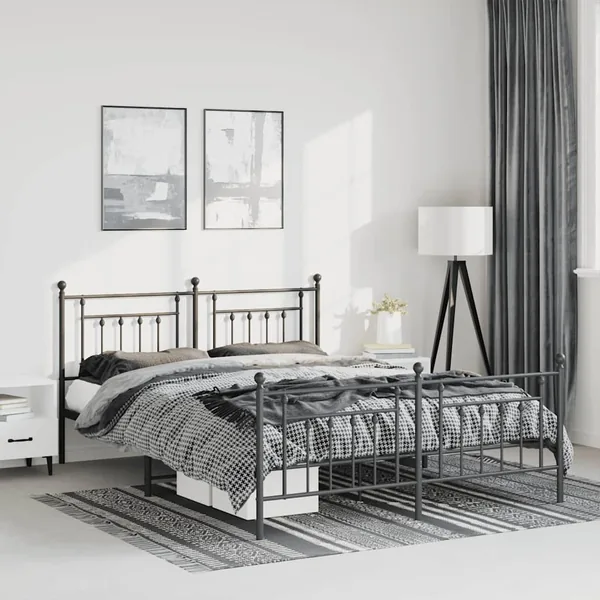 Cadre de lit métal sans matelas avec pied de lit noir 135x190cm