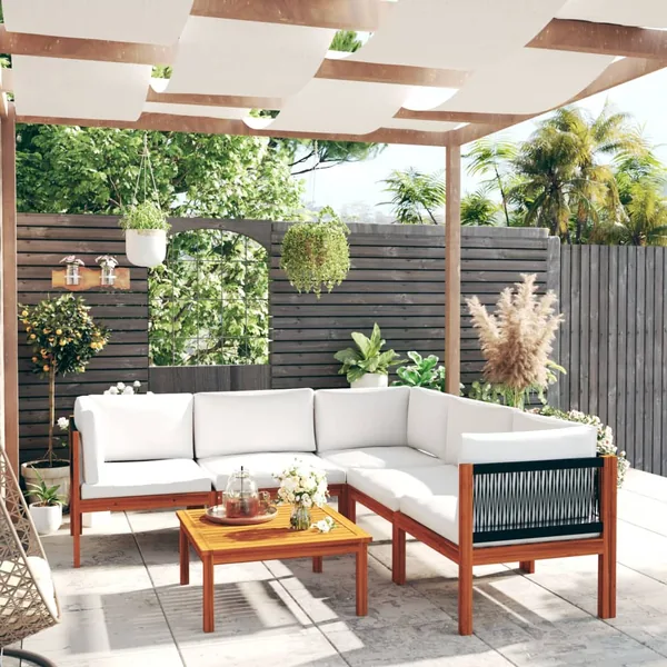 Salon de jardin 6 pièces avec coussins, bois d'acacia crème et corde