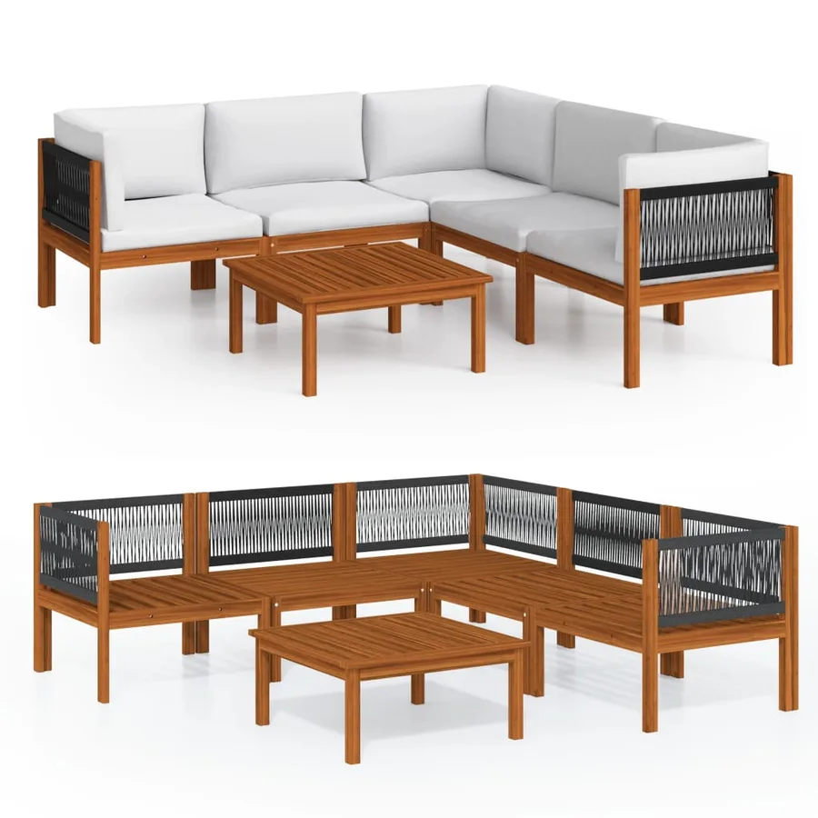 Salon de jardin 6 pièces avec coussins, bois d'acacia crème et corde - 2