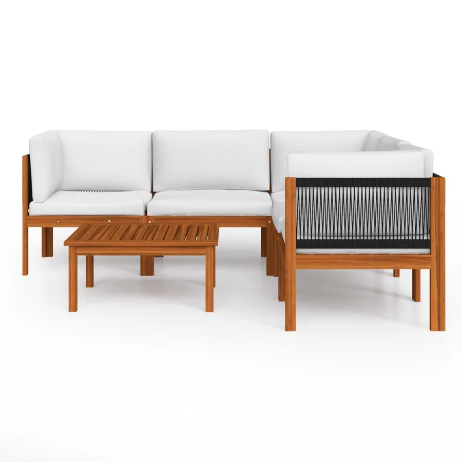 Salon de jardin 6 pièces avec coussins, bois d'acacia crème et corde - 3