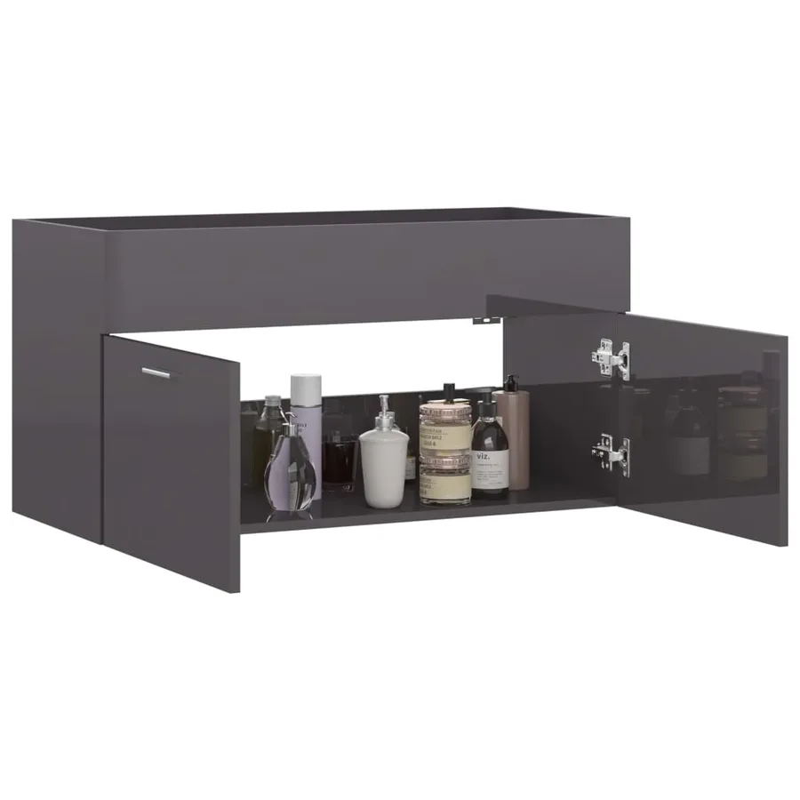 Armoire d'évier Gris brillant 90x38,5x46 cm Bois d’ingénierie - 4