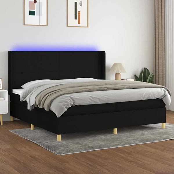 Sommier à lattes de lit matelas et LED Noir 200x200 cm Tissu