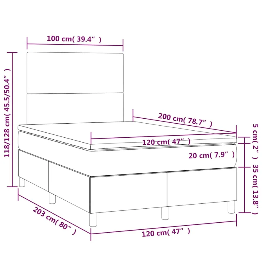 Sommier à lattes de lit et matelas et LED Noir 120x200 cm Tissu - 8
