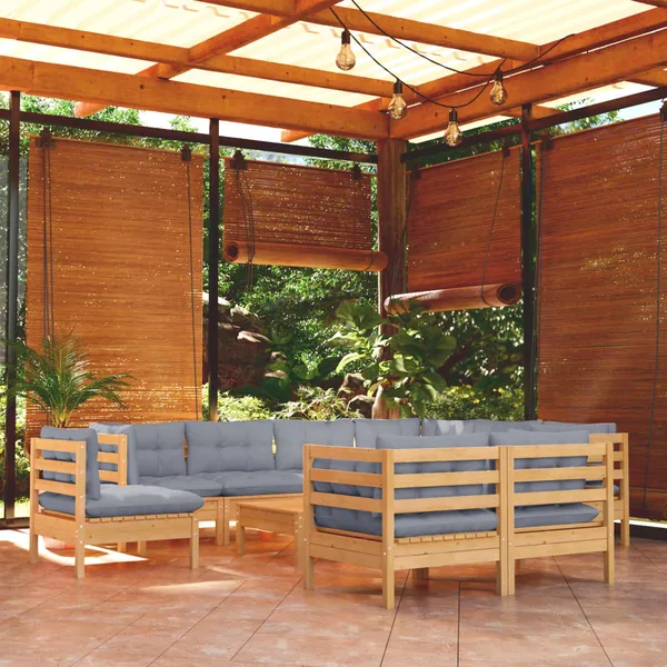 Salon de jardin 10 pcs avec coussins gris bois de pin massif