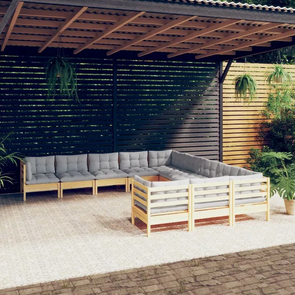Salon de jardin 11 pcs avec coussins gris bois de pin