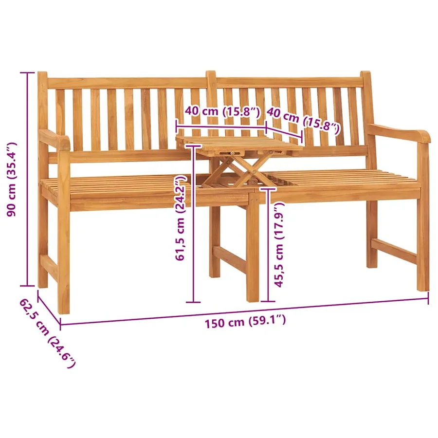 Banc de jardin 3 places avec table 150 cm bois de teck massif - 9