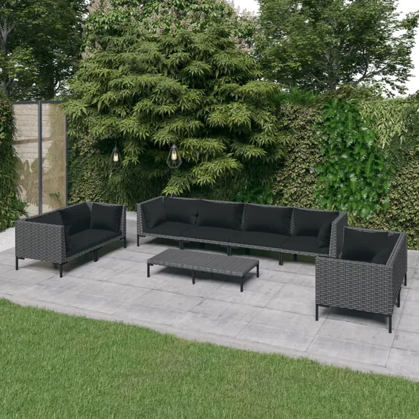 Salon de jardin 9 pcs avec coussins Résine tressée Gris foncé